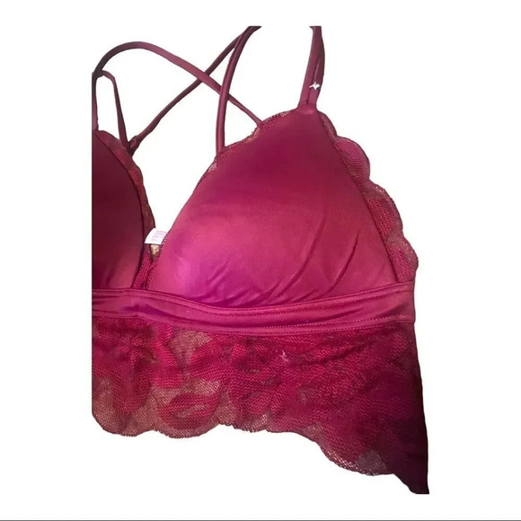 Pink Pretty Burgundy Lace Trimmed Bralette Strappy Padded Push-Up - Picture 2 of 5